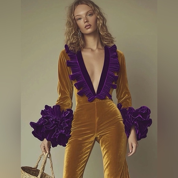 Oyrosy Designer Fashion Party Purple Ruffle Flared Gold Velvet Jumpsuit Sz Small - Picture 3 of 9